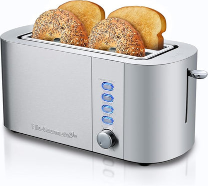 Elite Gourmet ECT4123 Long Slot 4 Slice Toaster, Extra Wide 1.5" and 5.1" Deep