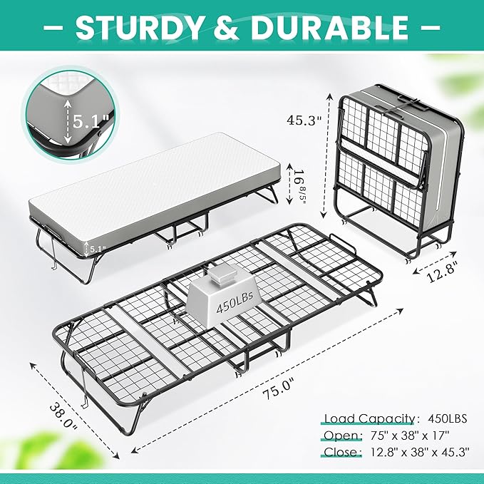 Greenvelly Folding Bed with 5 Inch Mattress, 75” x 38” Portable Rollaway Bed with Memory Mattress and Metal Frame for Adults,Guest, Twin Size,Cot Size