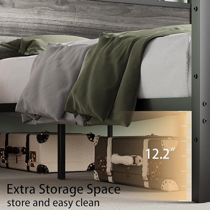 Full Size Bed Frame, 51.2" Tall Industrial Headboard, Full Platform Bed Frame with Strong Steel Slats Support, Noise Free, No Box Spring Needed, Easy Assembly, Wash Grey