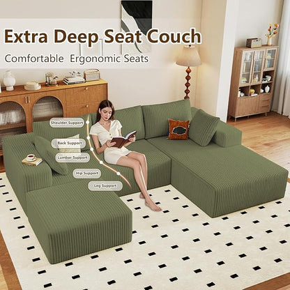 96" U-Shape Cloud Couch, Modern Modular Sectional L-Shape Sofa with Ottoman, Corduroy Upholstered Couches Deep Seat Sleeper Chaise Longue for Living Room, No Assembly Required(Green, Right Facing)