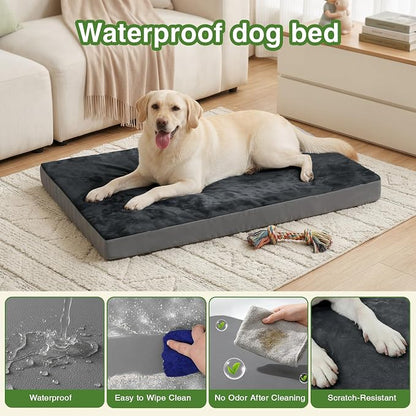 Waterproof Dog Bed Large Sized Dogs, Orthopedic Washable Crate Pad 35"x22" | Outdoor Pet Bed Foam, Reversible Faux Leather & Flannel, Durable Removable Cover, Anti-Slip Bottom,Kennel Pad 36" Dark Gray