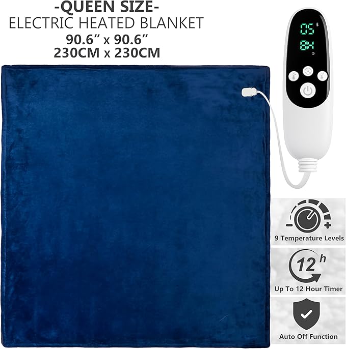 Heated Blanket Electric Luxurious Fleece Queen Blanket, 9 Heat Settings & 12H