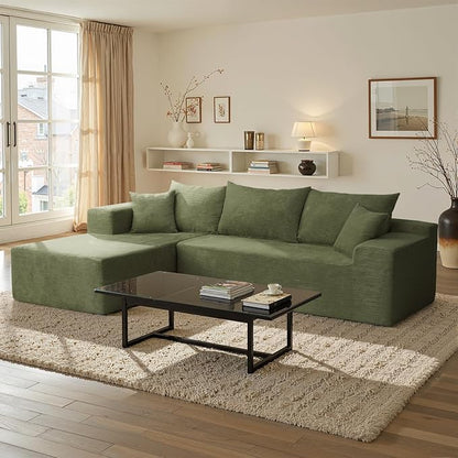 Sectional Cloud Boneless Couch for Living Room Bedroom, Comfy Modern L Shaped Modular Sofa with Left Facing Chaise, Deep Seat Memory Foam Couch in Box, No Assembly (Fine Striped Corduroy, Green)