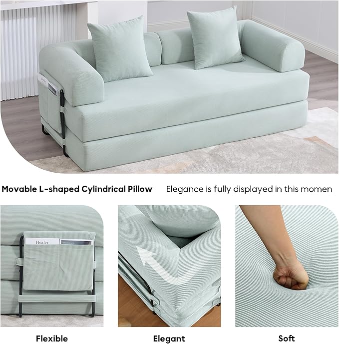 Convertible Sleeper Sofa Bed, Folding Floor Sofa Bed with Fixed-Shape Frame, Corduroy Floor Sleeper Sofa with Storage Pocket, Futon Boneless Sofa Couch for Living Room, Mint Blue