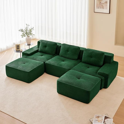 115" Modern Compressed Boneless Couch with Ottoman, 3 Seater Large U Shaped Sectional Couches for Living Room, Green Corduroy Cloud Modular Sectional Sofa, Memory Foam, Extra Deep, No Assembly