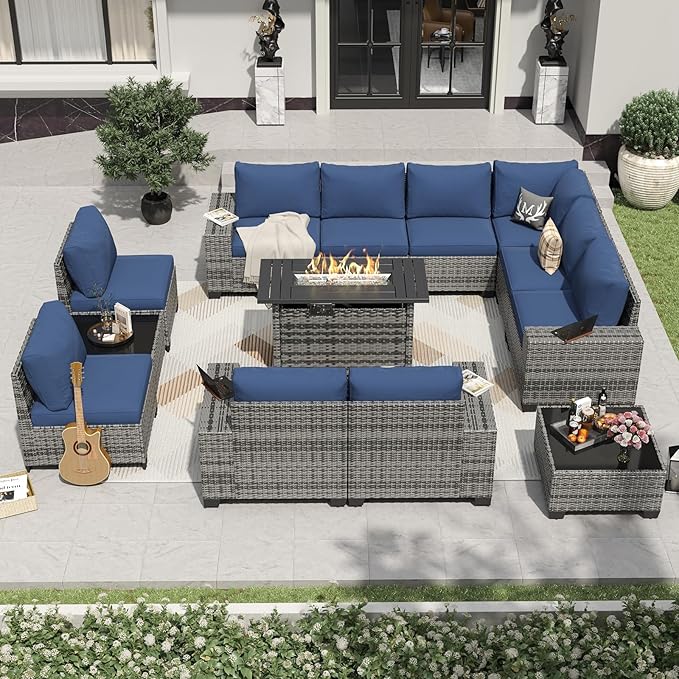 Aoxun 13 Pieces Patio Furniture Set with 44” Fire Pit Table Wicker Rattan Outdoor Sectional Conversation Set with Coffee Table and 4” Thickened Cushions, Gray/Blue(Waterproof Cover Included)