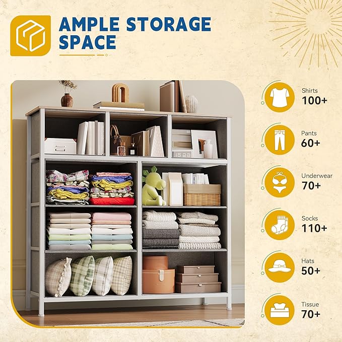 DWVO 9 Drawer Dresser, Light Gray Fabric Storage Tower, Tall Organizer Unit