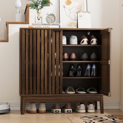 Shoe Cabinet with Slatted Doors, 4-Tier Freestanding Shoe Cabinet Storage