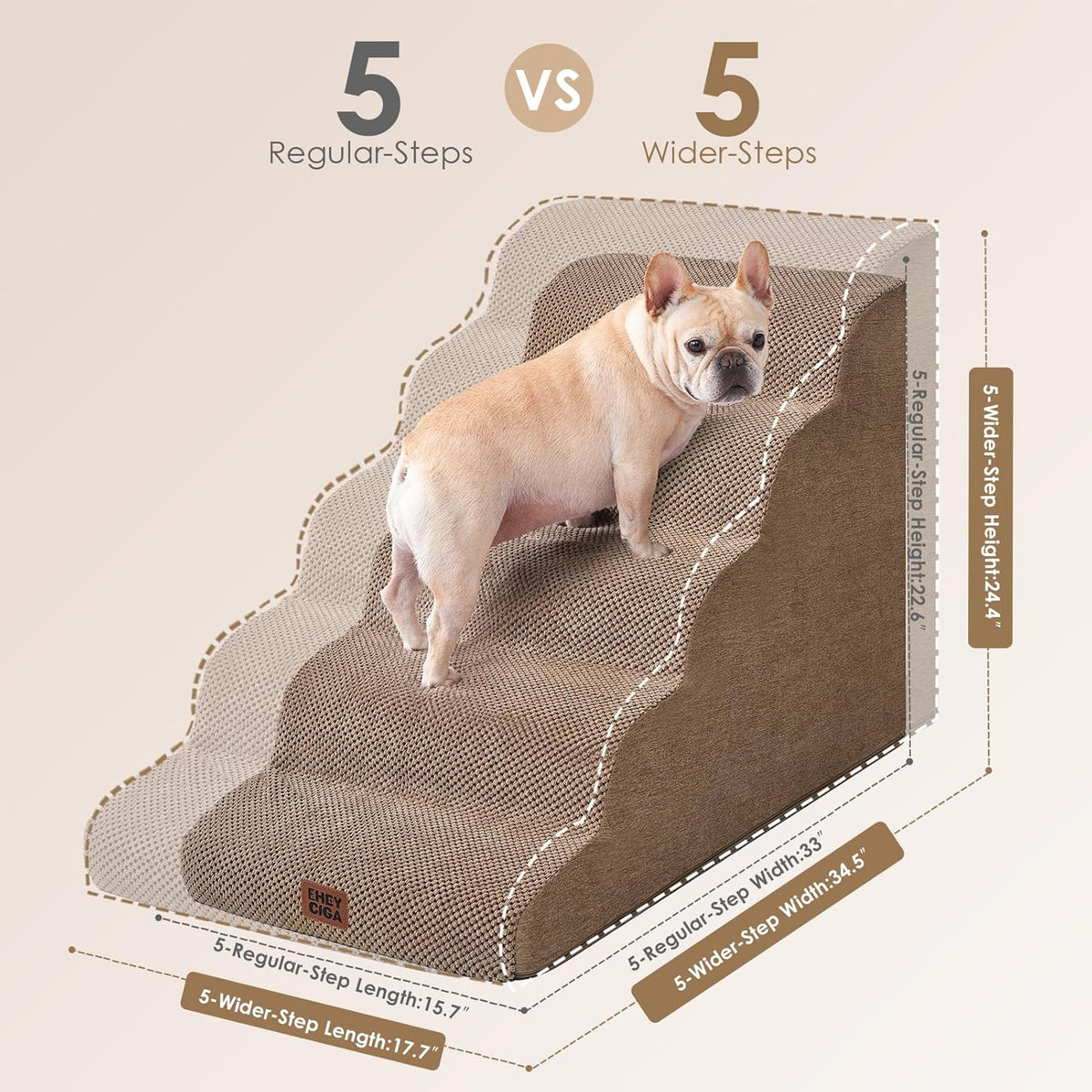 EHEYCIGA Curved Dog Stairs Ramp for High Beds, 5-Step Extra Wide Dog Steps for Small Dogs and Cats, Pet Stairs for High Bed Climbing, Non-Slip Balanced Pet Step Indoor, Camel