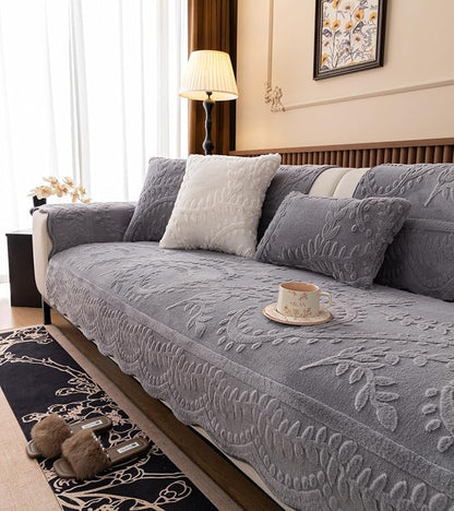Grey Fuzzy Rabbit Plush Sofa Cover Cozy Warm Sofa Couch Covers with 3D Jacquard Leaf Pattern Non-Slip Easy-to-Install Shaggy Sofa Slipcover Prefect for Kids Dogs Cats Cats(Grey,36"x94")