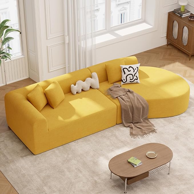 128" Oversized Modern Curved Sofa,Boneless Cloud Sectional Couch with Deep Seat,No Assembly Required Chenille Couches for Living Room,Yellow,1 PCS