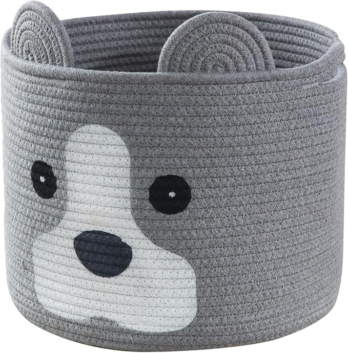 Medium Dog Woven Baskets with Handle, Dog Toy Hamper, Cotton Rope Dog Toy Storage Baskets for Pet, Animal Basket for Kids, Baby Gift Baskets for Dog Lovers, Grey