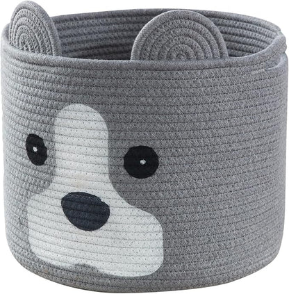 Medium Dog Woven Baskets with Handle, Dog Toy Hamper, Cotton Rope Dog Toy Storage Baskets for Pet, Animal Basket for Kids, Baby Gift Baskets for Dog Lovers, Grey