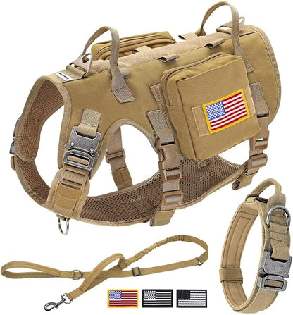 Forestpaw Tactical Dog Harness for Large Dogs,Tactical Dog Collar with Bungee Leash Set,No Pull Military Dog Harness for Walking Training,Adjustable for Medium Large Dogs,Khaki,Chest 27-40"