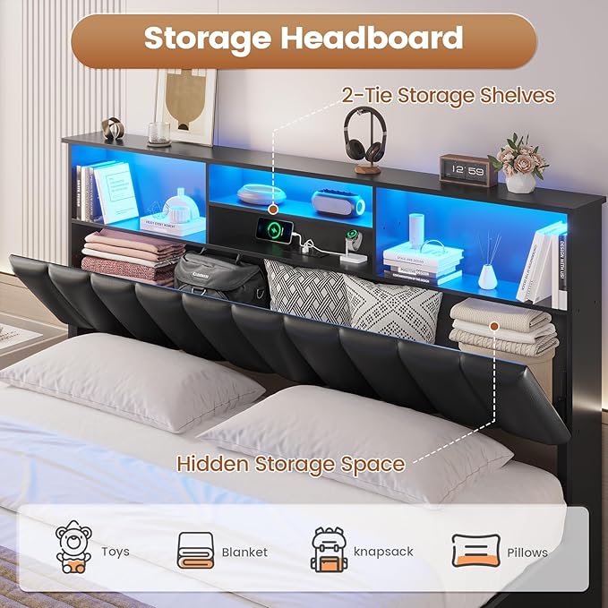 AOGLLATI King Size Bed Frame with 4 Storage Drawers, Black King Bed Frame Wood with Charging Station (Type-C and USB), Led Light and Hidden Bookcase Headboard, Black