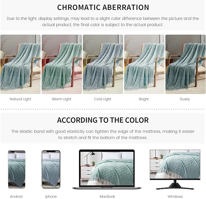 BOURINA Aqua Throw Blanket 50 x70 Inches Jacquard Argyle Throw Textured Solid Soft Throws and Blankets for Sofa or Bed Knitted Decorative Blanket