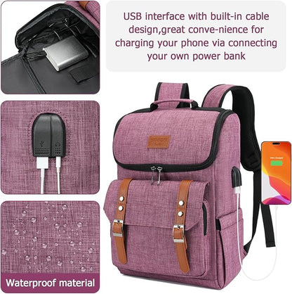 YALUNDISI Vintage Backpack Travel Laptop Backpack with usb Charging Port for Women & Men College Backpack Fits 15.6 Inch Laptop Purple Brown