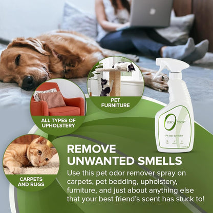 Zero Odor - Pet Odor Eliminator for Strong Odor, Eliminate Air & Surface Odors – Patented Molecular Technology Best For Carpet, Furniture, Beds Smell Great Again (Over 400 Sprays Per Bottle)