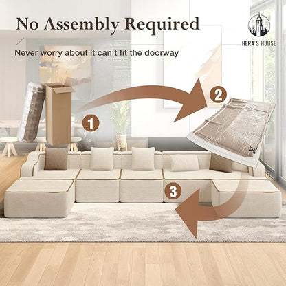 HERA'S HOUSE 163" Cloud Sectional Couch, Oversized U-Shaped Modular Upholstered Sofa with Ottomans, Corduroy Boneless Couches with 6 Throw Pillows for Living Room, No Assembly Required, Beige