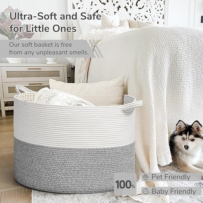 INDRESSME 115L Extra Large Blanket Basket, Soft Cotton Rope Storage Basket for Organizing, Home Decor, Toys, Laundry & Towels, Toy Storage Organizer for Living Room & Nursery, Light Grey
