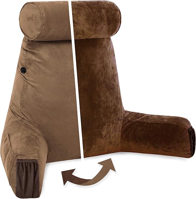 Husband Pillow Medium Aspen Edition Saddle Brown, Sit Up Reading & Bed Rest with Arms, Ultra-Comfy, Detach Neck Roll - Premium Shredded Memory Foam Backrest, Reverses to Micro: Suede or Plush