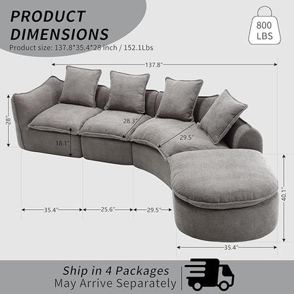 137.8” Curved Boucle Sofa Couch, Modern Sectional Sofa Cloud Deep Seat Couch with 4 Pillows, Comfy Modular 5-Seat Couches for Living Room Apartment (Grey)