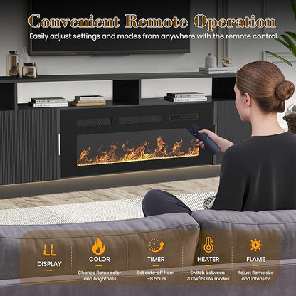 70” Fluted TV Stand with 36” Electric Fireplace, 2 Tier TV Console Cabinet with
