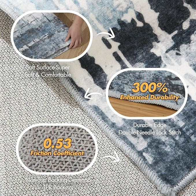 8x10 Soft Washable Area Rugs for Living Room and Bedroom, Non-Slip Stain Resistant Indoor Carpet, Cozy Floor Mat for Dining Room, Office, Under TableStain Resistant Blue