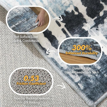 8x10 Soft Washable Area Rugs for Living Room and Bedroom, Non-Slip Stain Resistant Indoor Carpet, Cozy Floor Mat for Dining Room, Office, Under TableStain Resistant Blue