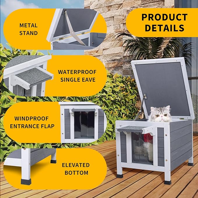 GEGURI Outdoor Cat House, Weatherproof Shelter for Ferrel Cats, Dogs, Rabbits Hutch with Elevated Floor, Asphalt Roof