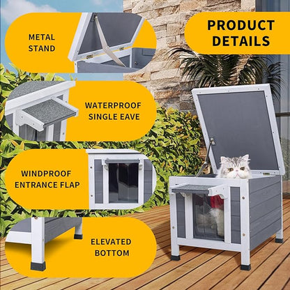 GEGURI Outdoor Cat House, Weatherproof Shelter for Ferrel Cats, Dogs, Rabbits Hutch with Elevated Floor, Asphalt Roof