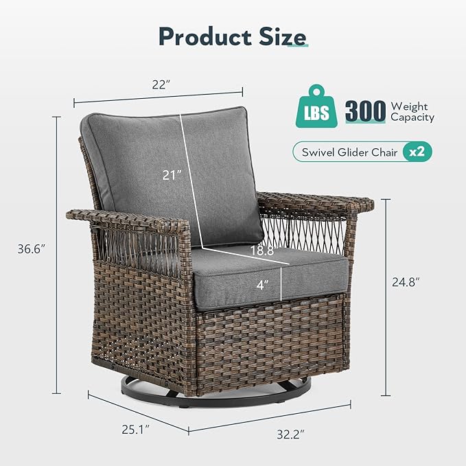 Outdoor Swivel Glider Chairs Set of 2 - Hollow Widen Armrests Wicker Patio Furniture Set, Comfortable High Back Outside Swivel Rocker for Balcony Porch Deck and Yard - Brown/Gray