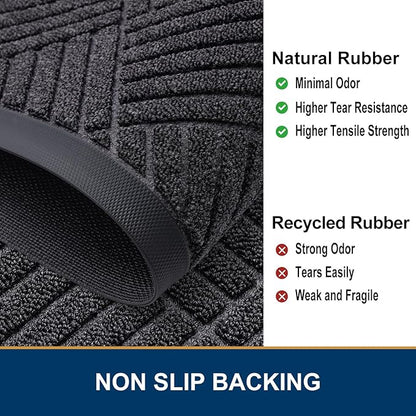 Smiry Front Door Mat Outside Entrance, Heavy Duty Outdoor Indoor Mat, Natural Rubber Doormat, Non Slip, Trap Dirt and Moisture, Easy Clean, Low Profile Patio Porch Entryway Mat, 29.5x17, Black Grey