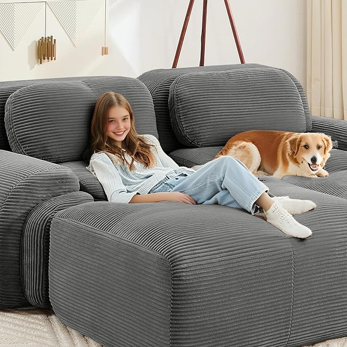 80" Modern Compressed Boneless Love Seat Couches, 2 Seater Large Sectional Couches for Living Room, Gray Corduroy Cloud Modular Sectional Sofa, Memory Foam, Extra Deep Loveseat, No Assembly