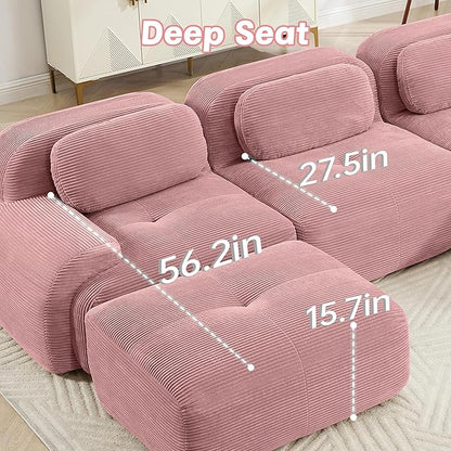 80" Modern Corduroy Boneless Love Seat Couches with 1 Ottoman, 2 Seater Large Sectional Couches for Living Room, Pink Cloud Modular Sectional Sofa, Memory Foam, Extra Deep Loveseat, No Assembly