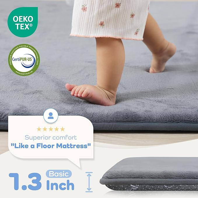 PAPAMAT 1.3" Thick Baby Floor Play Mat 59x71, Basic Padded Foam Mat for Tummy Time Crawling, Non Slip Cushioned for Babies Toddlers Infants Kids (Dark Grey)