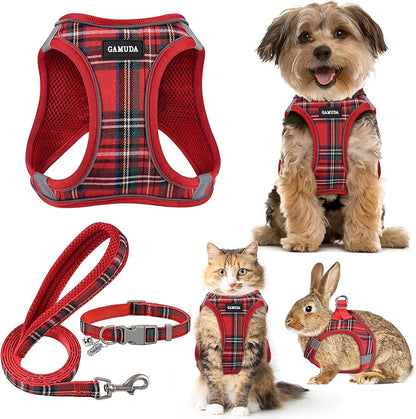 GAMUDA Small Dog Harness Collar and Leash Set, Step in No Chock No Pull Soft Mesh Adjustable Dog Vest Harnesses Plaid Reflective for Dogs Puppy Cats Kitten Rabbit (Red, XXS)