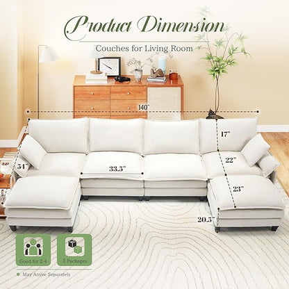 Modular Sectional Sofa, Comfy Cloud Couch with Movable Ottoman, Deep Seat Couches for Living Room, Bedroom and Apartment, 140" U Shaped Modern Sofa with Pillows, Beige