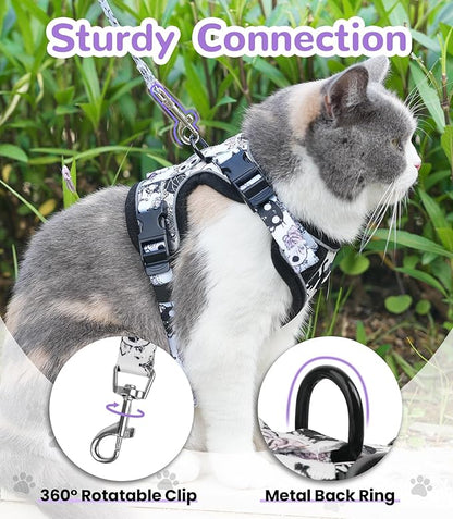 Halypet Cat Harness and Leash Set for Walking, Escape Proof Adjustable Vest Harness with 3-in-1 Integrated Buckles, Easy Control Soft Breathable Mesh with Reflective Strips for Cats, M, Moonlight Meow