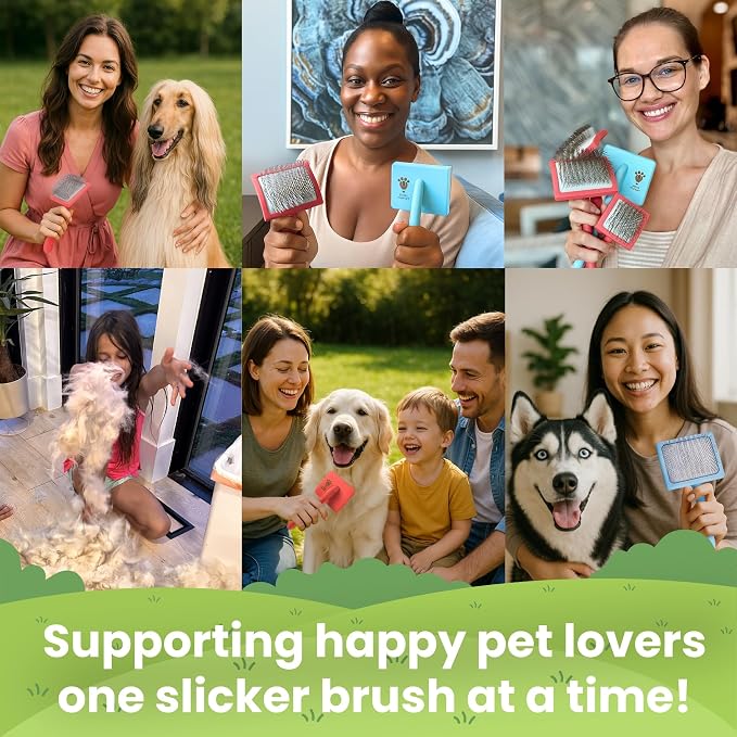 Pet Slicker Brush With Soft Massage Grooming Stainless Steel Pins - For Dematting, Shedding Fur, and Undercoat - Ideal Gift for Professional Pet Groomers - Long Slicker Brush (Blue, Curved Small)