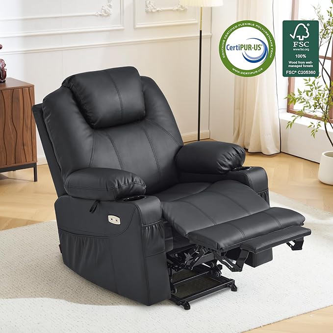 MCombo Power Lift Recliner Chair for Elderly, Lift Chair with Heat and Massage, FSC Certified, USB Ports, Cup Holders, Faux Leather 7040 (Black, Medium)