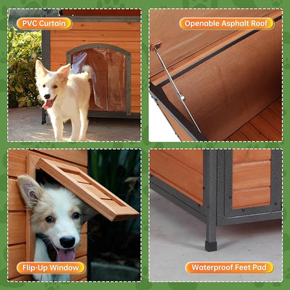 Insulated Dog House Outdoor Weatherproof, Wooden Warm Houses with Upgrade Anti-Chewing Iron Frame Dog Shelter for Puppies
