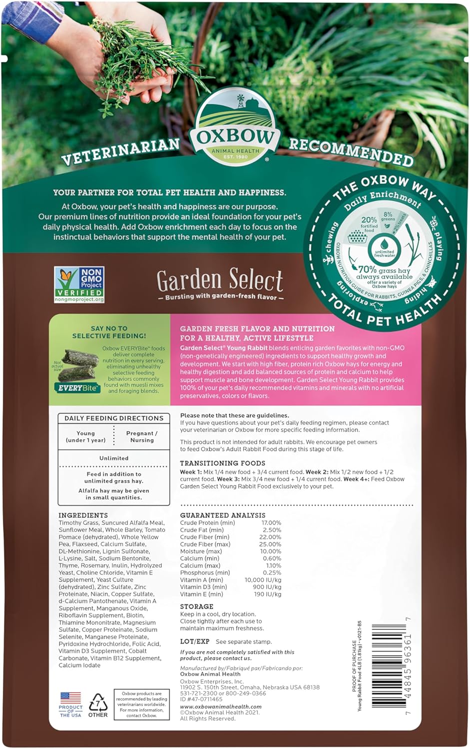 Oxbow Garden Select Rabbit Food, Young, Made Alfalfa for Rabbit, Bunny Food Pellets, Non-GMO, No Soy or Wheat, Small Animal Pet Products, Made in USA, High Fiber, 4 lb. Bag