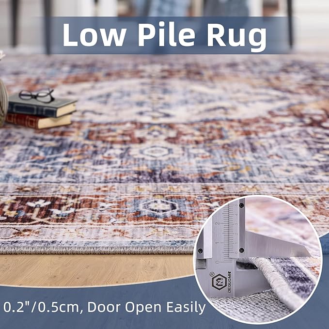 Deerly Boho Area Rug 4x6 Bedroom Rugs Ultra Soft Indoor Washable Rugs for Living Room Bedroom Laundry Room Decor, Low Pile Non-Slip Backing(Border Brown/Navy Blue)