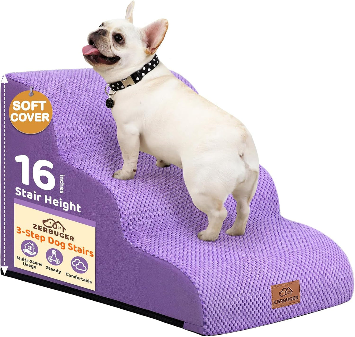 Dog Ramp and Stair for Bed 16" H-20 H,3-Step Cat Stair for Sofa and Chair,4-Step Dog Ramp for High Bed and Window,Durable Nonslip Fabric Stair for Indoor (Purple-16 H, Pet Friendly, 3)