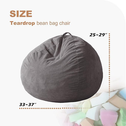 Homguava 3FT Bean Bag Chair: Teardrop Bean Bags with Memory Foam Filled, Compact Beanbag Chairs Soft Sofa with Corduroy Cover (Grey)