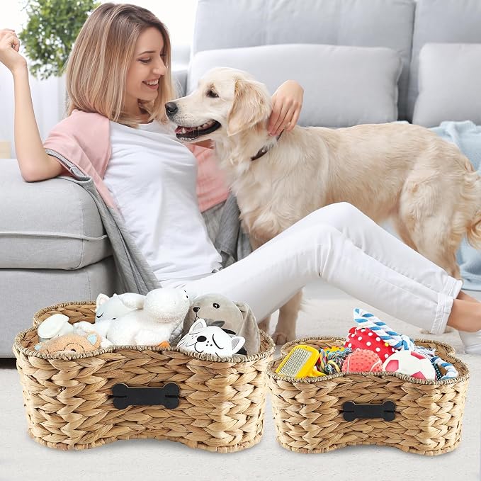 Set Of 2 Pet Dog Toy Basket-Dog Bone Basket-Wicker Basket for Pet Stuff-Dogs Toy Box for Living Room Area-Handmade Water Hyacinth Baskets with DIY Tag ﻿