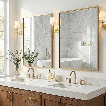 24''x36'' Gold Bathroom Mirror | Antique Brass Deep-Set Recessed Metal Frame |