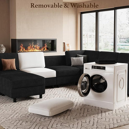 114.2" Modular Sectional Sofa with Deep Storage Seat,Corduroy 7 Seat U Shaped Sofa Couch,Modular Sofa Couch with Movable Ottoman Chaise,Upholstered Sectional Couches for Living Room,Black
