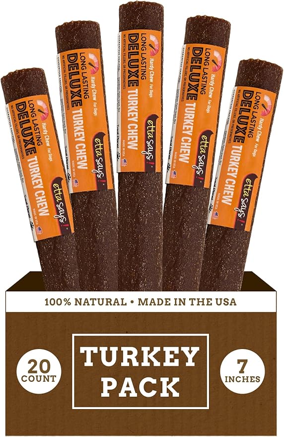 etta says! Deluxe Crunchy Dog Chews 7” Turkey - All Natural, Long-Lasting Chews - Made in The USA (20 Count Pack of 1)